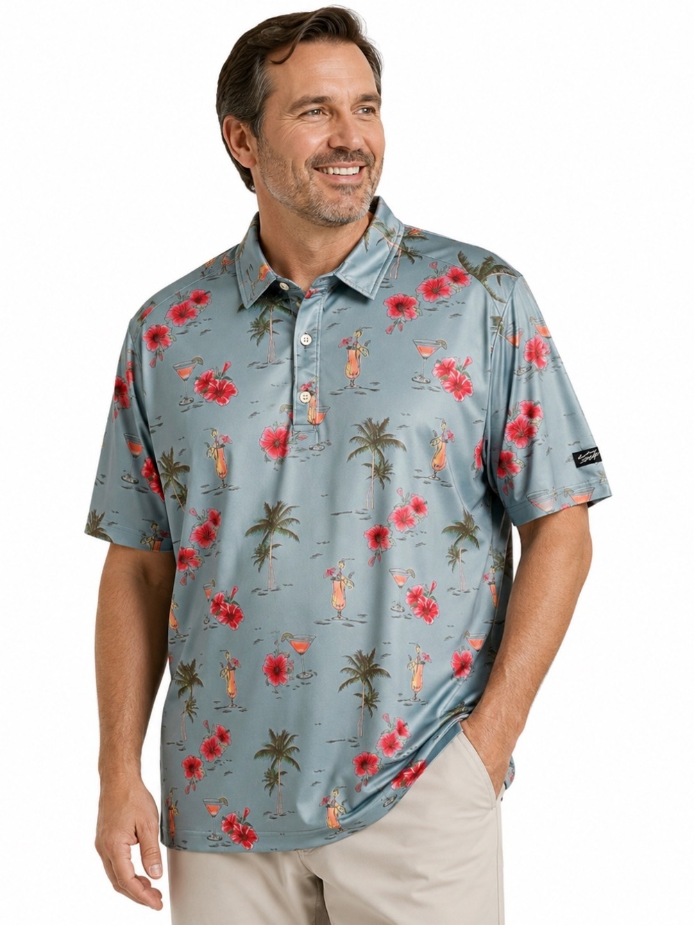 Sunday Swagger Floral Print Polo Golf Shirt Palm Trees Cocktails Vacay Resort XL